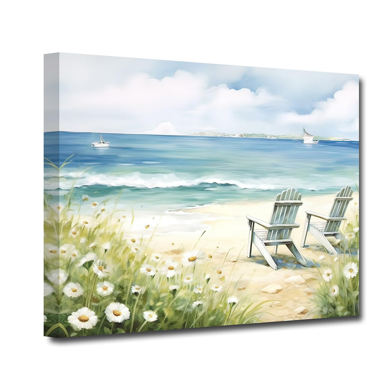 LZIMU Coastal Wall Art Bathroom Decor Seaside Beach Chair Flower Canvas Print Ocean Seascape Waves Painting Framed Artwork for Home Decor (Coastal-1, 12.00"x18.00")