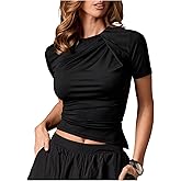 SweatyRocks Women's Y2k Short Sleeve Ruched Tops Casual Crew Neck Fitted Asymmetrical Going Out Tees