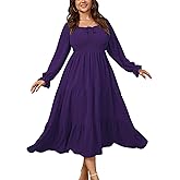CICIDUDU Womens Plus Size Flowy Maxi Dress Long Sleeve Square Neck Smocked A Line Formal Long Dresses for Women Wedding Guest