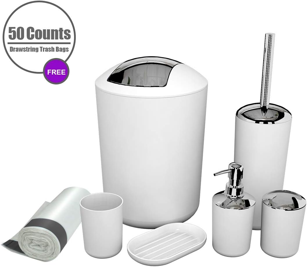 MIKOSI 6 Piece Bathroom Accessories Sets,Bathroom Set 6 Pieces Plastic Lotion Dispenser,Toothbrush Holder,Bathroom Tumblers,Soap Dish,Trash Can,Toilet Brush Set with Drawstring Trash Bags (White): Home & Kitchen
