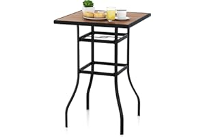 HAPPYGRILL Patio Bar Table with Umbrella Hole, 27.5” Outdoor Square Tabletop Bar Height Table, Heavy-Duty Metal Frame, Bistro High Top Dining Table for Garden Backyard Poolside
