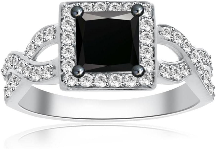 Jewelryhub 14k White Gold Plated 925 Sterling Silver 1.00 Ct Princess Cut Black Sapphire and Simulated Diamond Halo Engagement Ring for Women