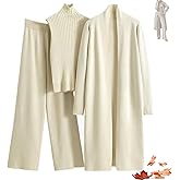 3 Piece Sweater Pants Sets for Women, Long Sleeve Cardigan Sleeveless Turtleneck Tank Top and Wide Leg Pants Matching