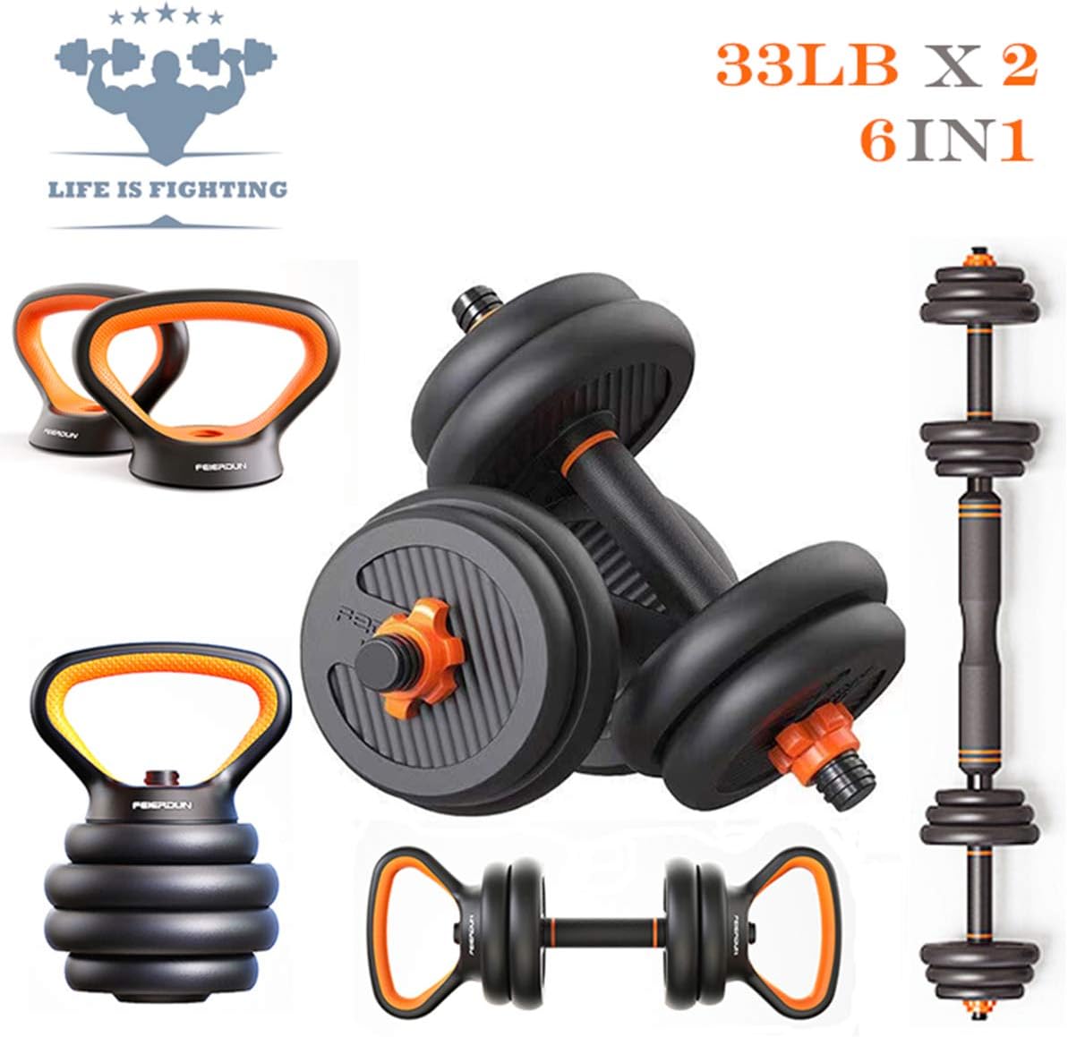 6 in 1 Adjustable Weights Dumbbells Barbell Kettle Bell Push-up Set,Free Wight Dumb Bells Sets for Men Or Women,Bar Bells Dumb Bell Weight 20lb 25lb 30lb 44lb 66lb,Maximum Weight Up to 66lb/30kg.