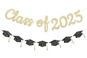 FHGG Pre Strung Class of 2025 Banners Party Decorations Gold Glitter Graduation Congratulation Banners Congrats Grad Decor Garland Senior High School College Graduation Party Decoration NO DIY