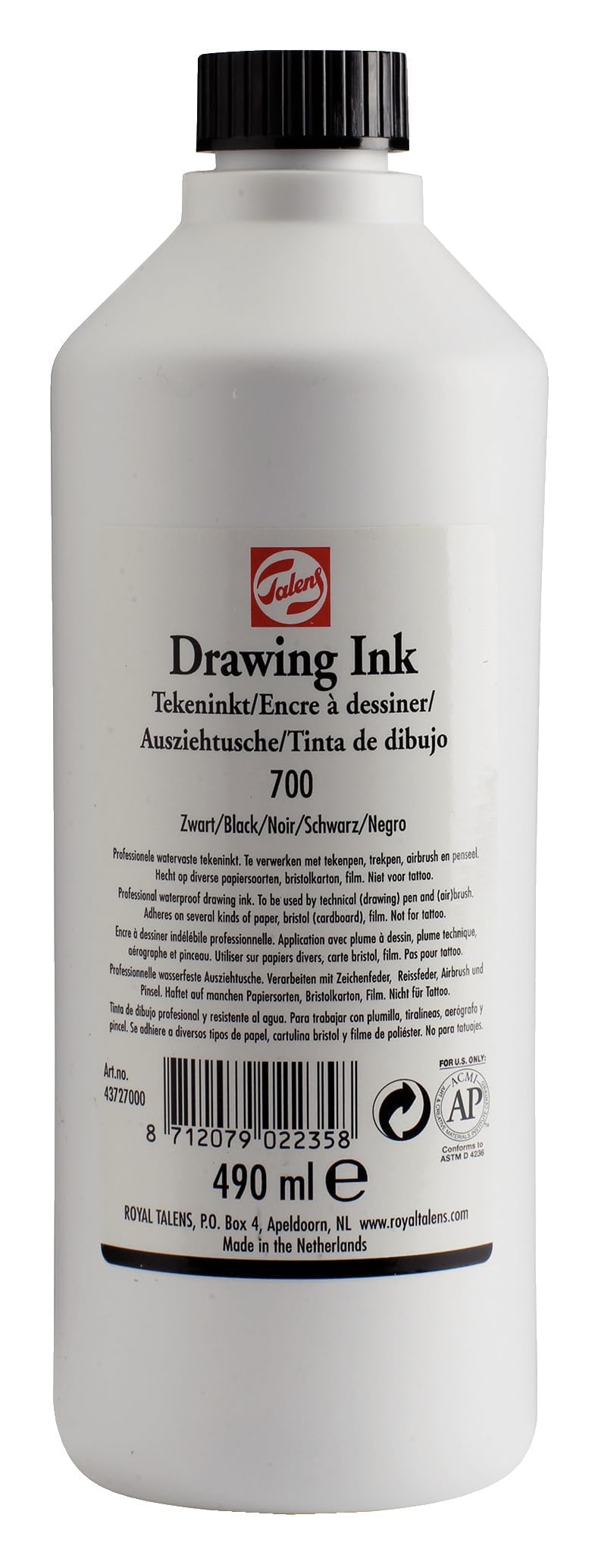Talens Drawing Ink - 490 ml Waterproof Black Ink 700 - Versatile for Pens, Airbrushes, and Brushes - Quick Drying & Water-Resistant