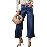 Allimy Women's High Waisted Straight Ankle Wide Leg Ripped Jeans Frayed Hem Stretchy Capri Denim Pants