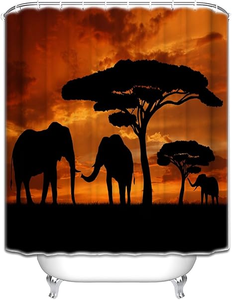 Mother And Baby African Elephants Polyester Fabric Bathroom Shower