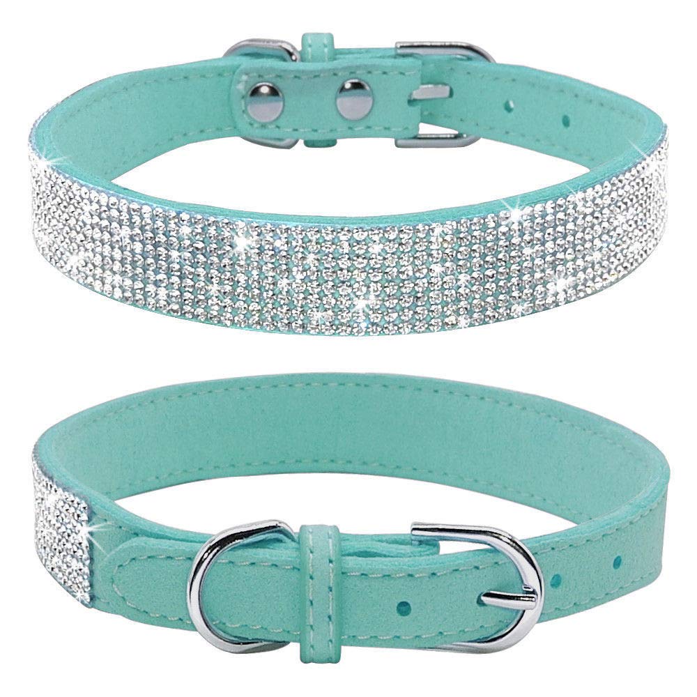 Haoyueer Rhinestone Dog Collar, Cute Dazzling Sparkling Soft Suede Leather Dog Cat Rhinestone Collar Crystal Diamond Pet Dog Puppy Collar (M, Blue)