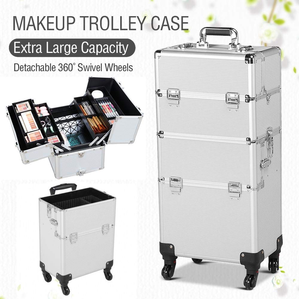 Yaheetech 3 in 1 Professional Aluminum Rolling Makeup Trolley Artist Train Case Cosmetic Organizer Makeup Case 4 Removable Spinner Wheels Silver : Beauty