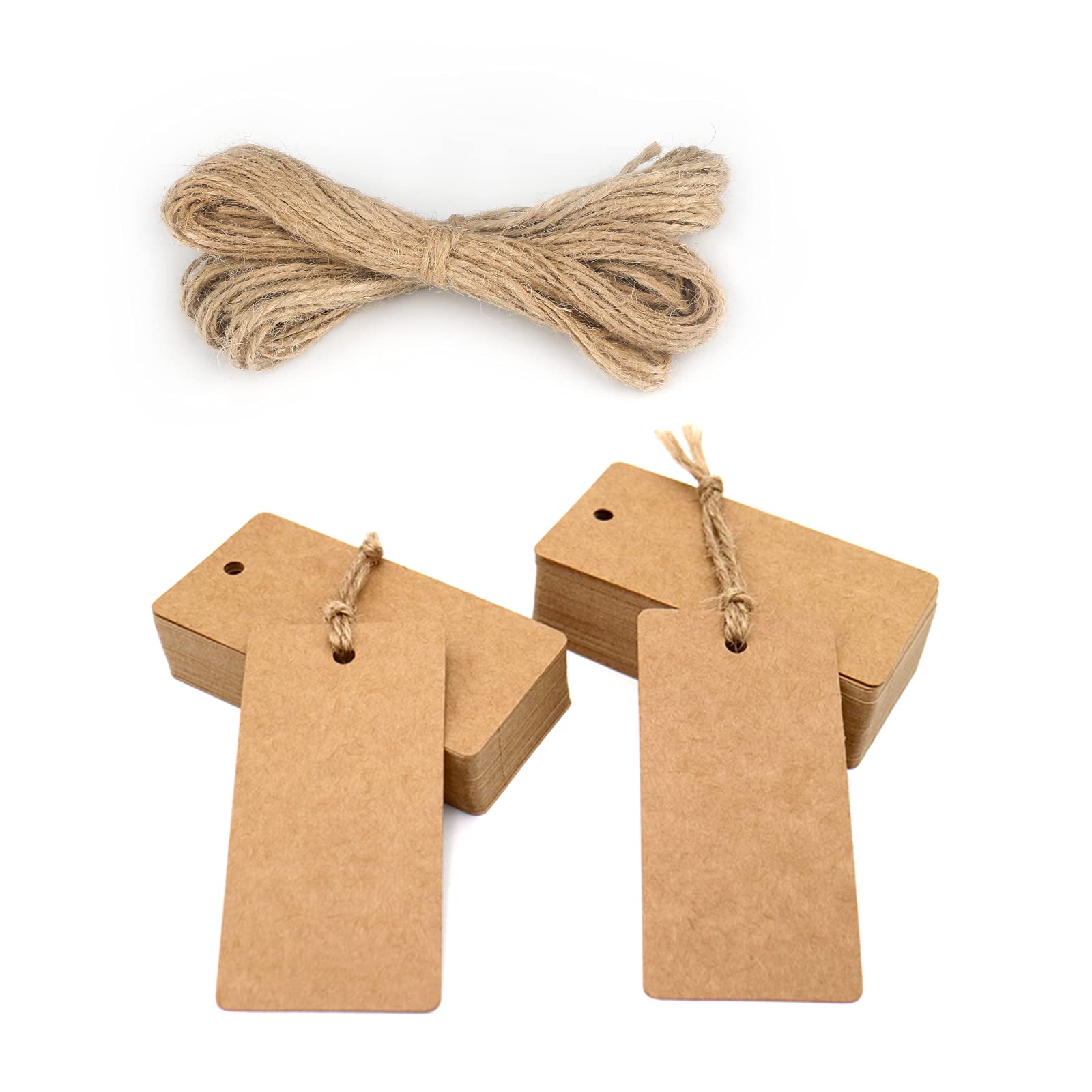 jijAcraft 100PCS Kraft Paper Gift Tags,Brown Tags for Crafts 9X4.5CM Rectangle Blank Hang Tags with 30M Jute Twine