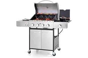 Sophia & William 4-Burner Propane Gas BBQ Grill with Side Burner and Porcelain-Enameled Cast Iron Grates, Stainless Steel Barbecue Grills Outdoor Cooking, Silver Cabinet Style, 42,000BTU