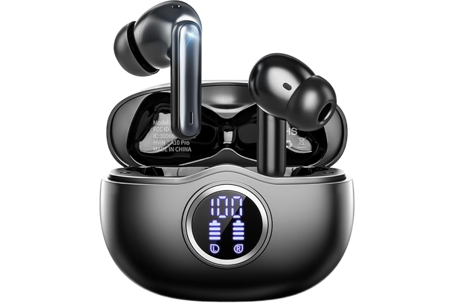 Fhumsh Wireless Earbuds, Bluetooth 5.3 Headphones HiFi Stereo 50H Playback LED Digital Display Ear Buds with ENC Noise Canceling Headset, IPX7 Waterproof Earphones for Gym/Running/Work (Black)