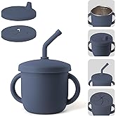 Bakpoco 4-in-1 Stainless Steel Silicone Sippy Cup, 8.5oz Toddler Open Cup with Straw, Sippy & Snack Lids, For Baby Led Weaning, Toddlers 1-3 Years Trainning Kids Drinking, Dishwasher Safe, Navy