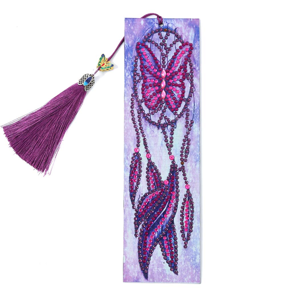 VETPW DIY Bookmark, 5D Diamond Rhinestone Painting Bookmark, Paint by Numbers Kit, Special Shaped Diamond Tassel Leather Bookmark Embroidery Painting Kit for Adults Beginners -Dream Catcher