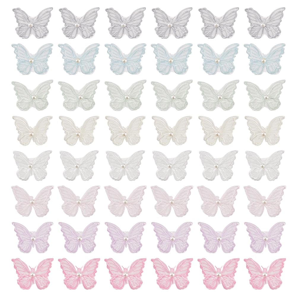 FINGERINSPIRE 48 PCS 8 Colors Double Layered 3D Butterfly Lace Patches With Imitation Pearl - Organza Butterfly Sewing Embroidery DIY for Party Wedding Bridal Dress Decoration