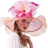 Women Organza Church Derby Hat Wide Brim Sun Hats for Wedding Tea Party Fascinator Hat with Detachable hat Flower as Headgear