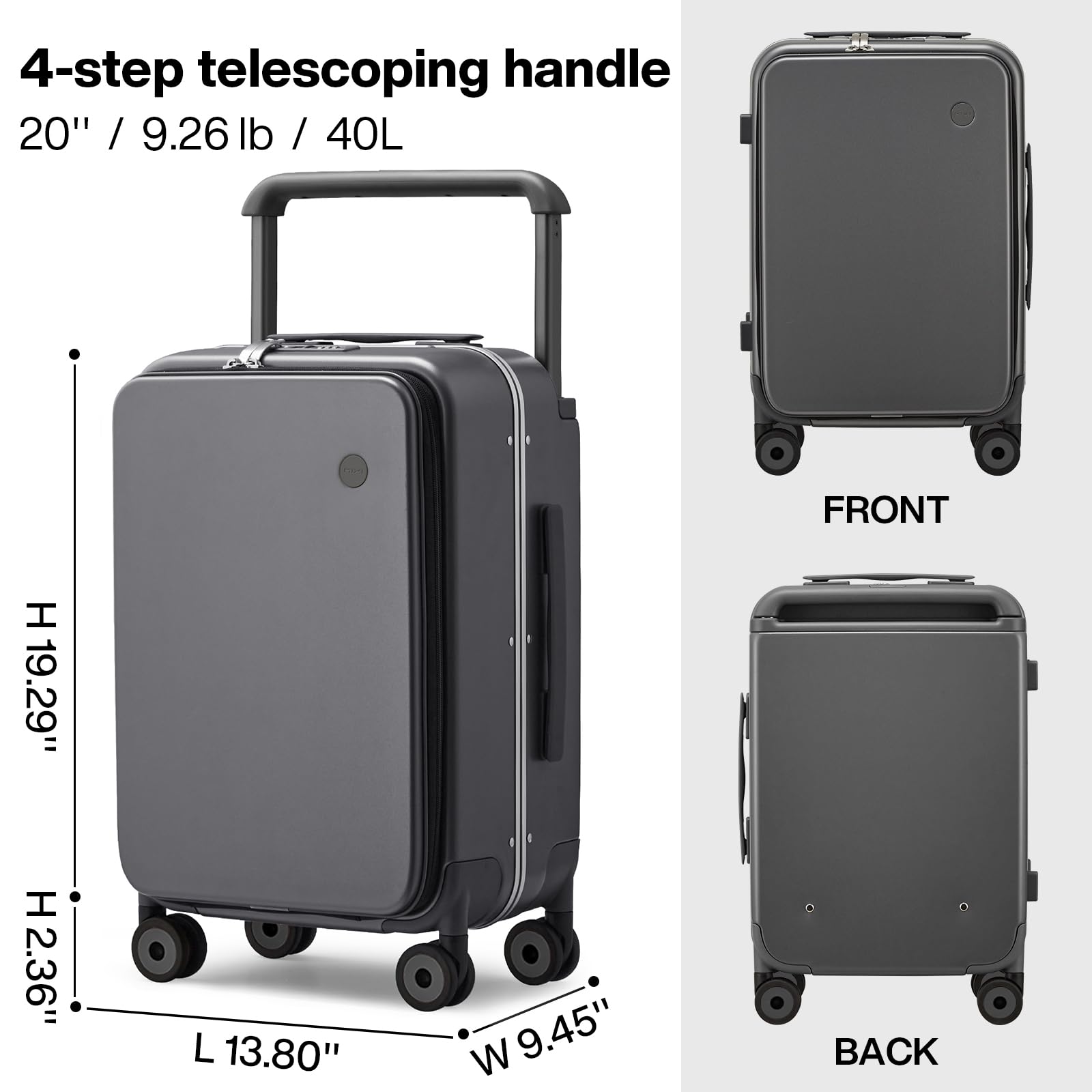 mixi Carry On Luggage Wide Handle Luxury Design Rolling Travel Suitcase PC Hardside with Aluminum Frame Hollow Spinner Wheels, with Cover, 20 inch, Rock Grey