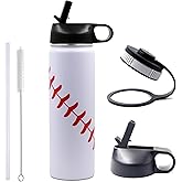 22 oz Baseball Water Bottle, Sports Flask Metal Travel Tumbler with 2 Lids, Stainless Steel Double Wall Vacuum Insulated Leak Proof Thermo Water Bottles, Baseball Accessories Gifts for Mom Boys Girls