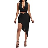 Women's Sexy Clubwear 2 Piece Set Halter Crop Top & High-Slit Bodycon Skirt for Night Out
