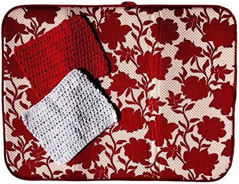 The Original XL Floral Dish Drying Mat Reversible Microfiber with Hand-Made Cotton Dish Cloths (Red)