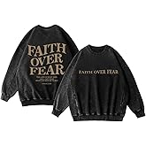 Wrenpies Christian Faith Over Fear Sweatshirts for Women Oversized Jesus Bible Verse Religious Hoodie Acid Wash Pullover Tops