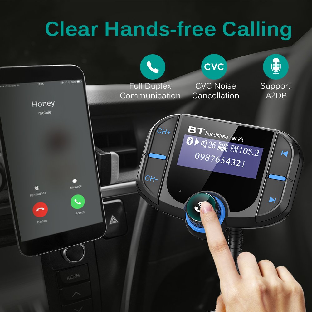 [2018 Version]Bluetooth 4.2 FM Transmitter, CHGeek Quick Charge 3.0 and Smart 2.4A Dual USB Car Charger, Wireless Radio Audio Adapter Handsfree Calling Car Kit 1.7 Inch Display with On Off Switch, TF card MP3 Player Aux Input (Work with Sir