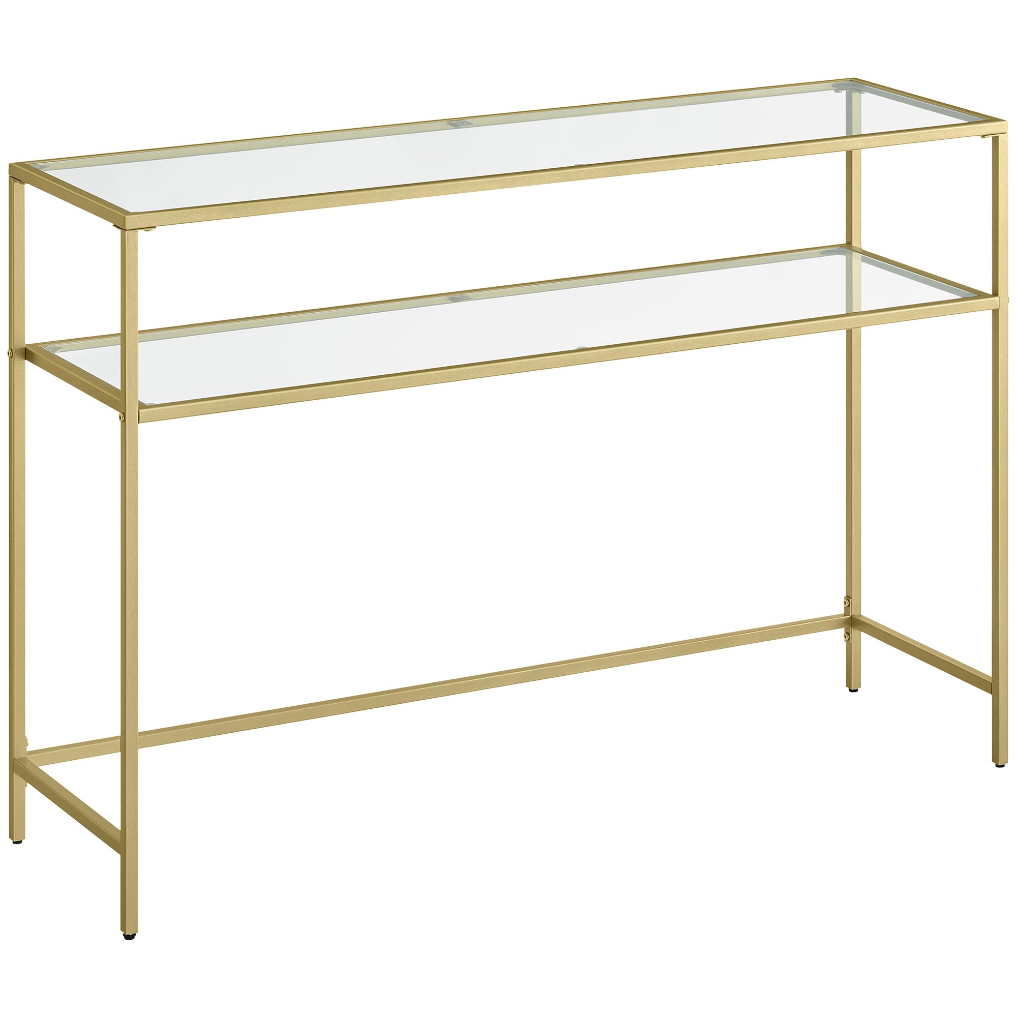 47.2 Inch Console Sofa Table, Modern Entryway Table, Tempered Glass Table, Metal Frame, 2 Shelves, Adjustable Feet, for Living Room, Hallway, Gold Color ULGT045A61 VASAGLE 47.2 Inch Console Sofa Table, Modern Entryway Table, Tempered Glass Table, Metal Frame, 2 Shelves, Adjustable Feet, for Living Room, Hallway, Gold Color ULGT045A61