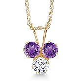 Gem Stone King 14K Yellow Gold Purple Amethyst and White Moissanite 3-Stone Pendant Necklace For Women (0.30 Cttw, Gemstone February Birthstone, Round 3MM, 18 Inch Chain)