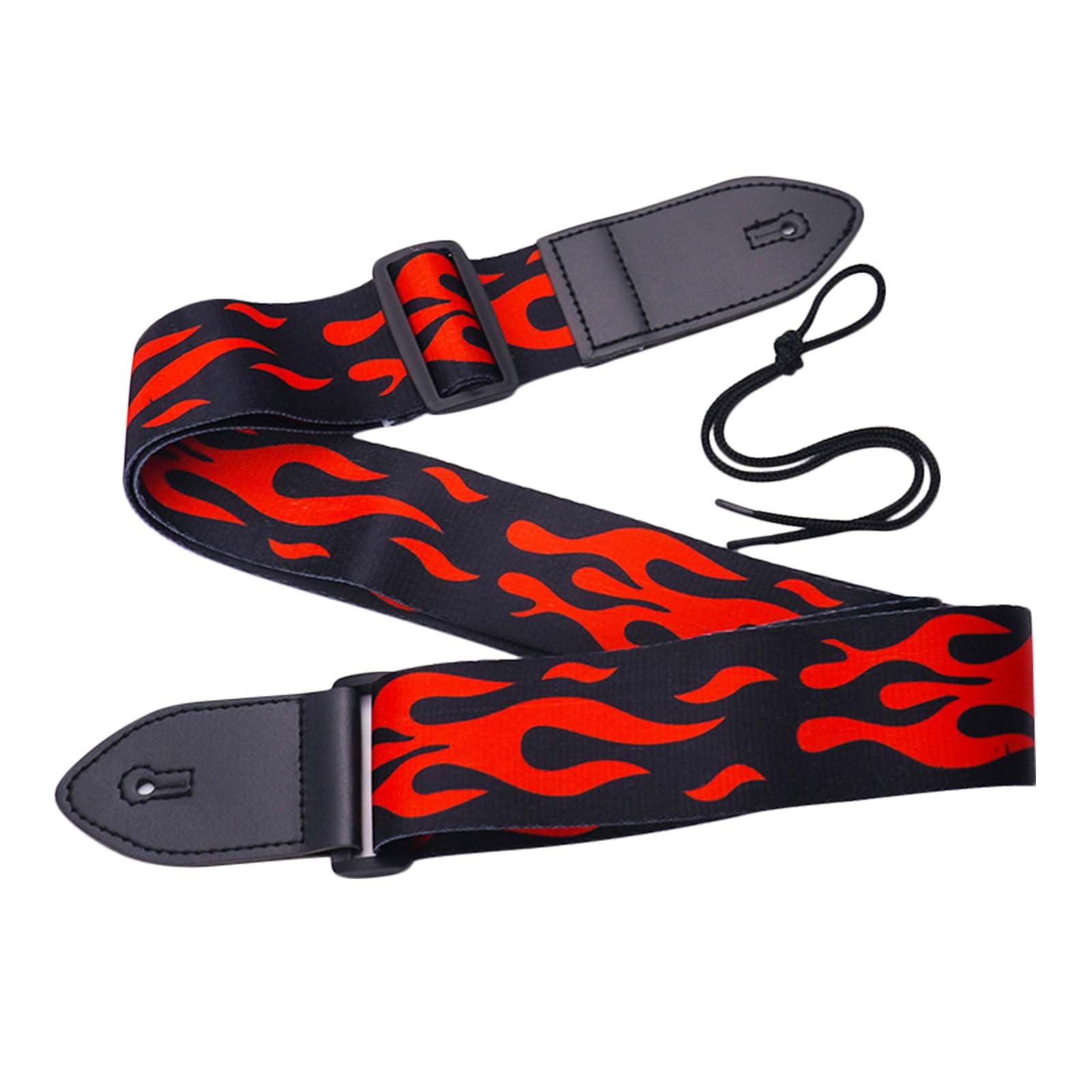 UESDU Guitar Strap Acoustic Red Flame Electric Bass Guitar Shoulder Straps 5cm Wide Personalized Printing Shoulder Belt with Leather End