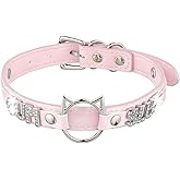 ADEMISHIA Black O-ring Choker Collar For Women, Pink Vegan Leather Choker Necklace Jewelry with Cat-shaped Ring and Rhinestone Letters