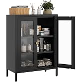 YNIQUESTLE Small Metal Cabinet with Glass Doors,Display Storage Cabinet with 2 Adjustable Shelves for Bathroom Entryway Living Room Dining Room Kitchen,3-Tier,11.8" D x 23.6" W x 31.5" H, Black