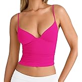 LCNBA Women's Sexy Deep V-Neck Ruched Sleeveless Crop Tank Top Spaghetti Straps Slim Fitted Summer Tops