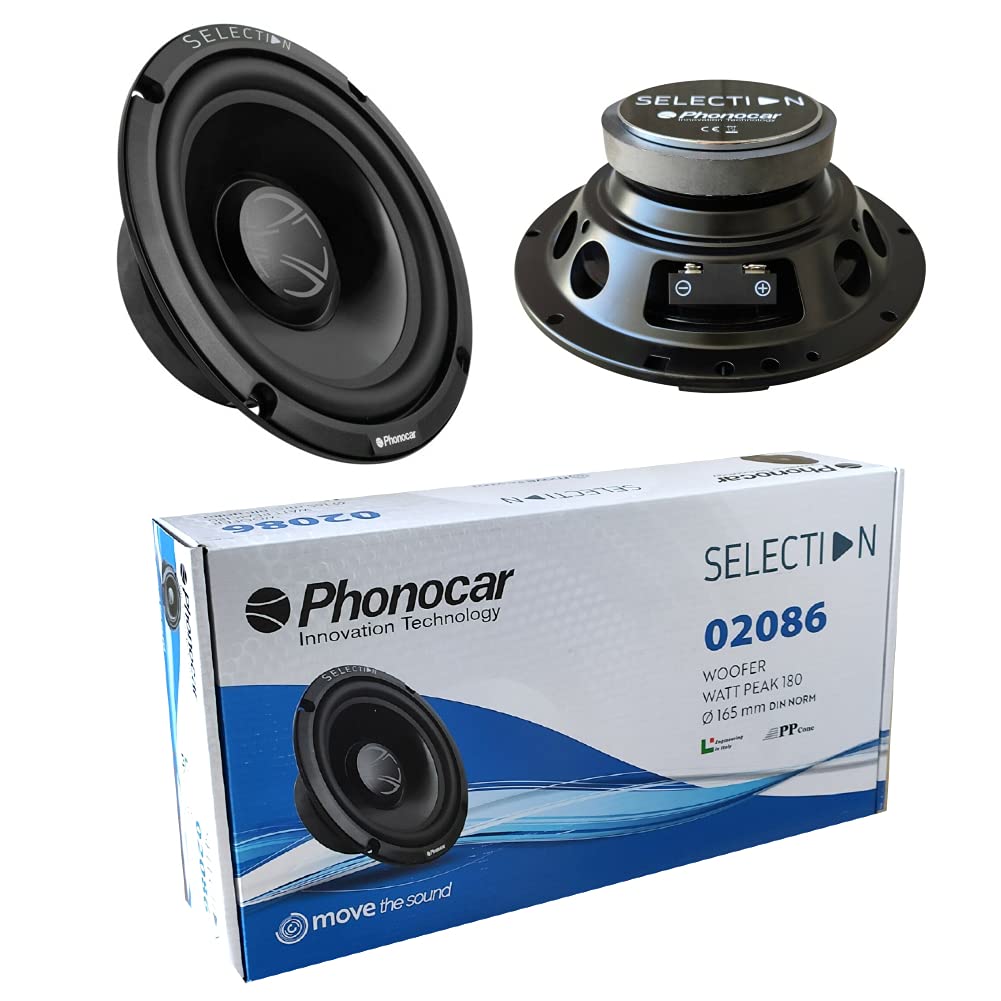 2 PHONOCAR SELECTION 02086 speakers woofer 16.50 cm 165 mm 6.5" diameter 70 watt rms 180 watt max max pair impedance 4 ohm 92 db spl car black, a pair
