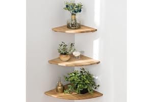 CONAMILY Corner Shelves, Floating Corner Shelf, Set of 3 Solid Oak Wood Corner Wall Shelves, Round End with Wire Hole Shelving for Small Plant for Bedroom Kitchen, Living Room (Size 9/10/12in)
