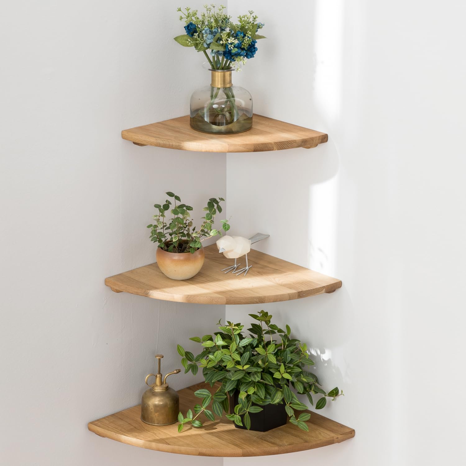 Gieanoo Natural Oak Corner Shelves Wall Mount, Set of 3 Oak Wood Floating Corner Wall Shelves Floating Speaker Small Corner Plant Stand for Bedroom,Kitchen
