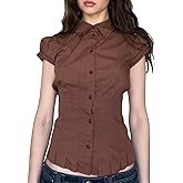 Y2K Button Up Preppy Shirts for Women Short Sleeve V Neck Fitted Crop Tops Cute Slim Fit Going Out Shirts Blouse