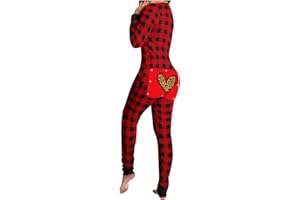 MELDVDIB Women's Butt Flap Adult Onesie Pajamas Buffalo Plaid One Piece Jumpsuit Long Sleeve V-Neck Rompers Sleepwear