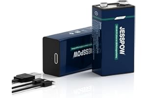 JESSPOW 9V Rechargeable Batteries USB All-Purpose Alkaline 9 Volt Lithium Battery for Electric Guitar, Microphone,Smoke Alarms Detector,Household and Office Devices with Type C Charging Cable 2 Pack