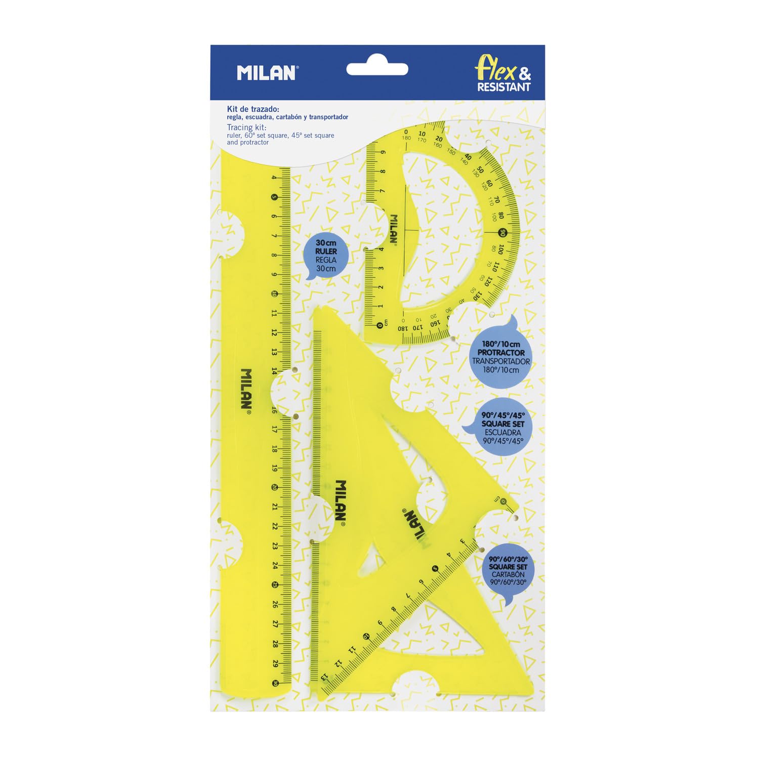 Milan Tracing Kit with Ruler 30 cm, Square, Cartabon and Protractor, Fluorescent Yellow, NEW