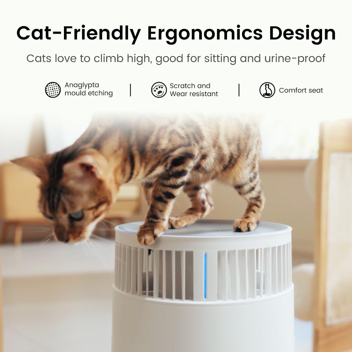 WiseSky Pet Air Purifier, 3-in-1 HEPA Filter for Cat Hair Dander Odor Dust, for Home Large Room, Up to 1644 ft², Smart App Control, 360° Air Intake, W-Cat, White