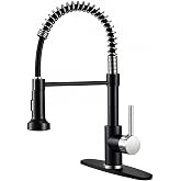 OWOFAN Kitchen Faucet with Pull Down Sprayer Brushed Nickel&amp;Black | 1 Handle Spring Sink Faucets, Lead-Free Stainless Steel, 1 or 3-Hole with Deck Plate,Farmhouse, RV, Bar, Laundry Room