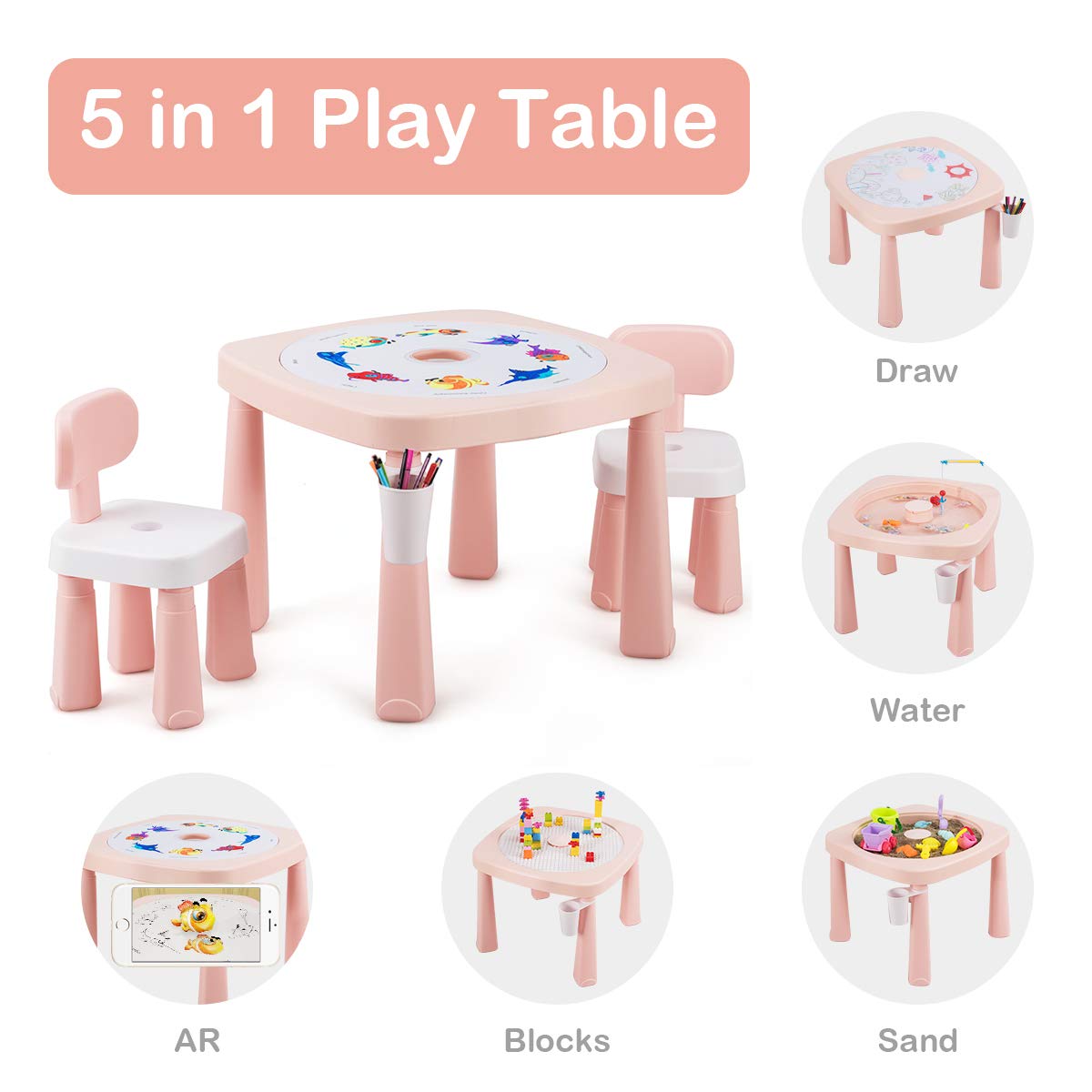 Costzon Kids Table and 2 Chairs Set, 5 in 1 Game Table for Drawing, Playing Sand & Water, Building Blocks, AR Recognition, Children Activity Table w/Pen Holder, Removable Cover, Storage Space (Pink)