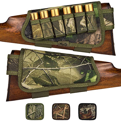 BronzeDog Camo Buttstock Cartridge Holder Gun 12 16 Gauge Adjustable Nylon Shotgun Shell Holder Left Handed Hunting Accessories (Green Oak Camo)