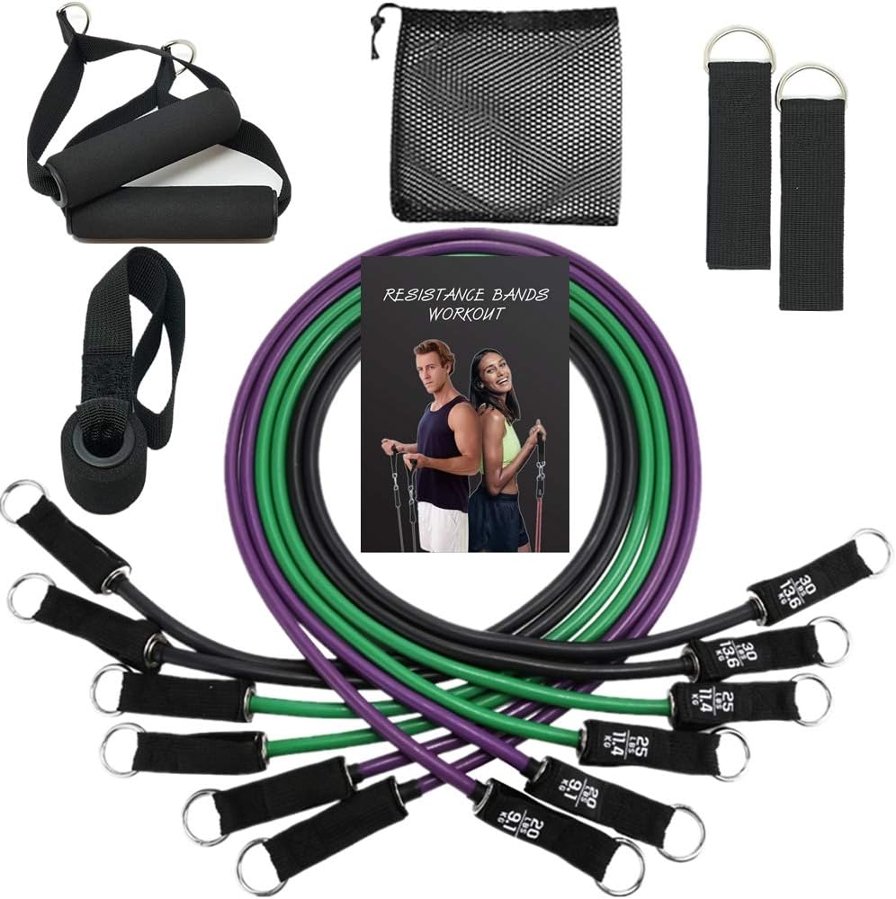 JSY Resistance Bands Set 6 Stackable Exercise Band with Handles Carry Bag Door Anchor Ankle Straps Guide Book for Men Women Resistance Training Physical Therapy Home Workouts 150 LBS