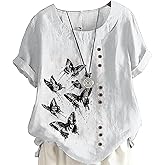 BIVENANT Women's Vintage Linen Tops Short Sleeve Boho Summer Graphic Tees Tunic Shirts Casual Loose Button Blouses