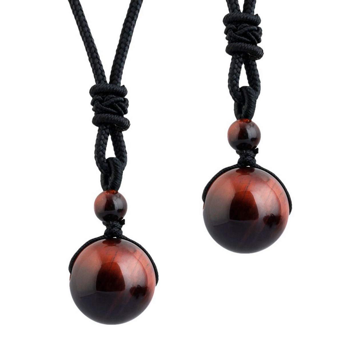 mookaitedecor Healing Crystal Round Stone Bead Pendant,Semi Precious Gemstone Necklace Adjustable for Men Women,Tiger's Eye Red