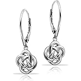 Hoops & Loops 925 Sterling Silver Love Knot Flower Eternity Irish Celtic Design Dangle Leverback Drop Dangle Earrings for Women, Silver, 14k Yellow Gold, Rose Gold & Black Flashed Plate Sterling Silver