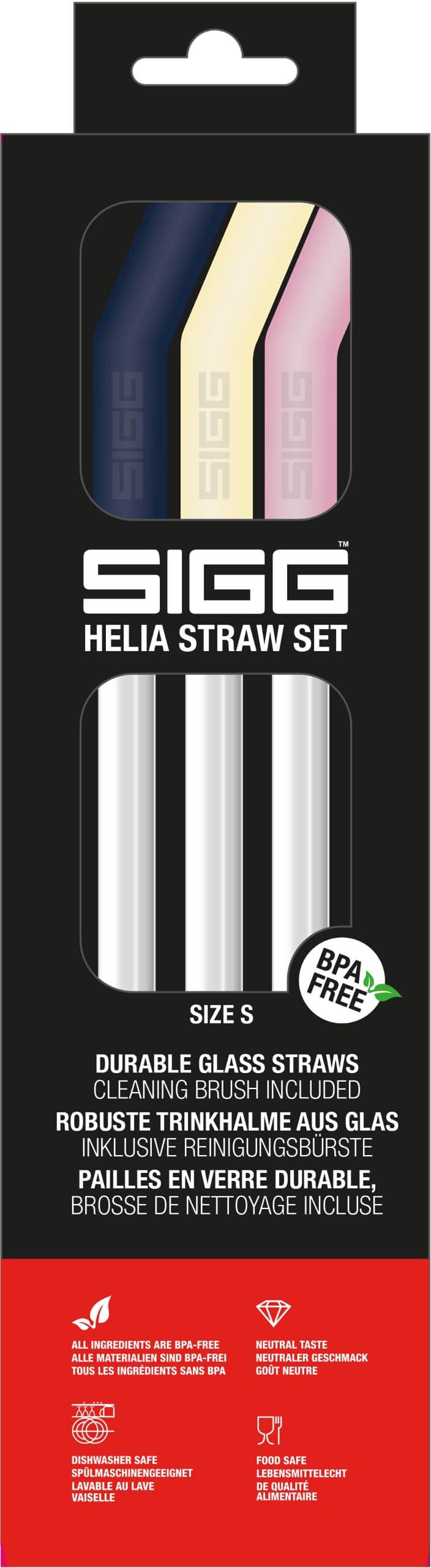 SIGG Helia Glas Straw Set (3 Pieces), Dishwasher-Safe Reusable Straws Made of Glas, Set of Drinking Straws with Straw Cleaner Included - Night Small