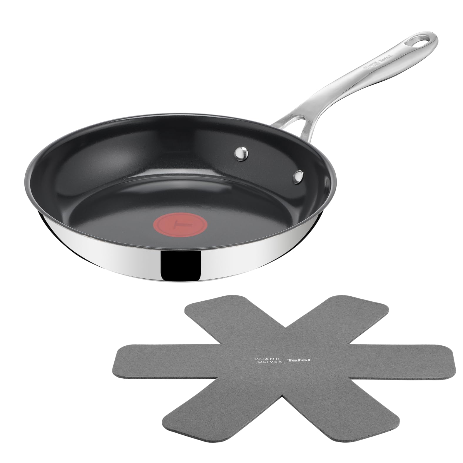 Jamie Oliver by TEFAL Direct Cook Bratpfanne 24 cm, inkl. Pfannenschoner, antihaftbeschichtete Keramikoberfläche, Thermo-Signal, für alle Herdarten, Edelstahl, H880S234